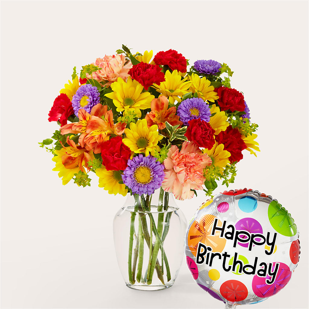 Kaleidoscope Bouquet with Birthday Balloon – Leysha Flowers, Middlesex NJ