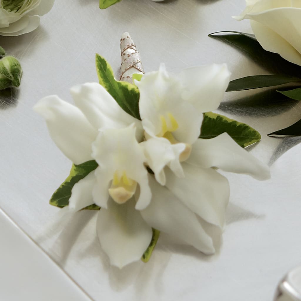 White Mini Cymbidium Boutonniere – Leysha Flowers, Middlesex NJ