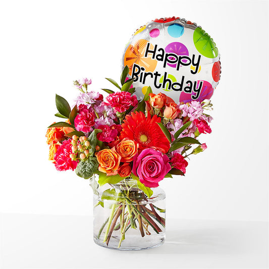 Fiesta Bouquet with Birthday Balloon –  Leysha Flowers, Middlesex NJ