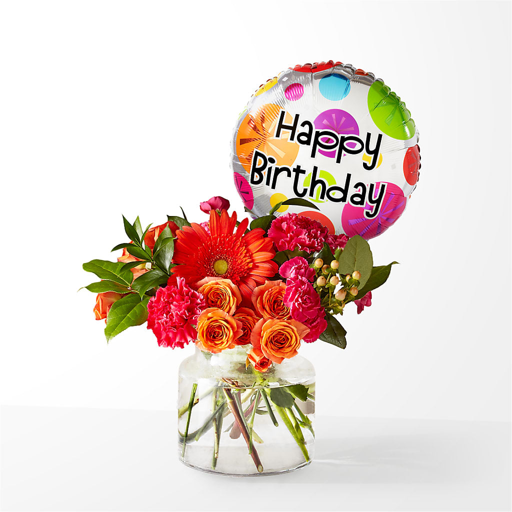 Fiesta Bouquet with Birthday Balloon –  Leysha Flowers, Middlesex NJ