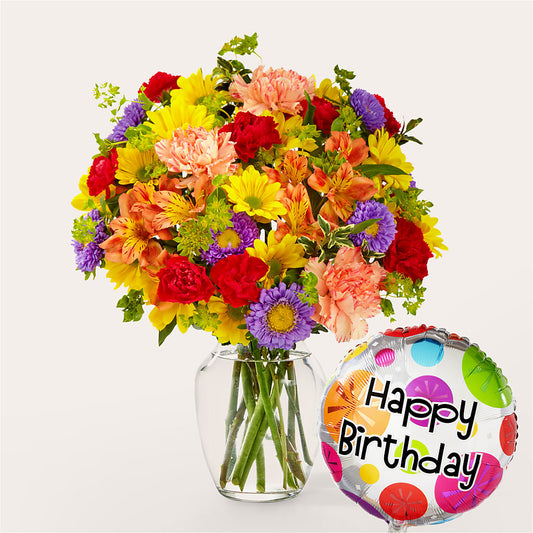 Kaleidoscope Bouquet with Birthday Balloon –  Leysha Flowers, Middlesex NJ